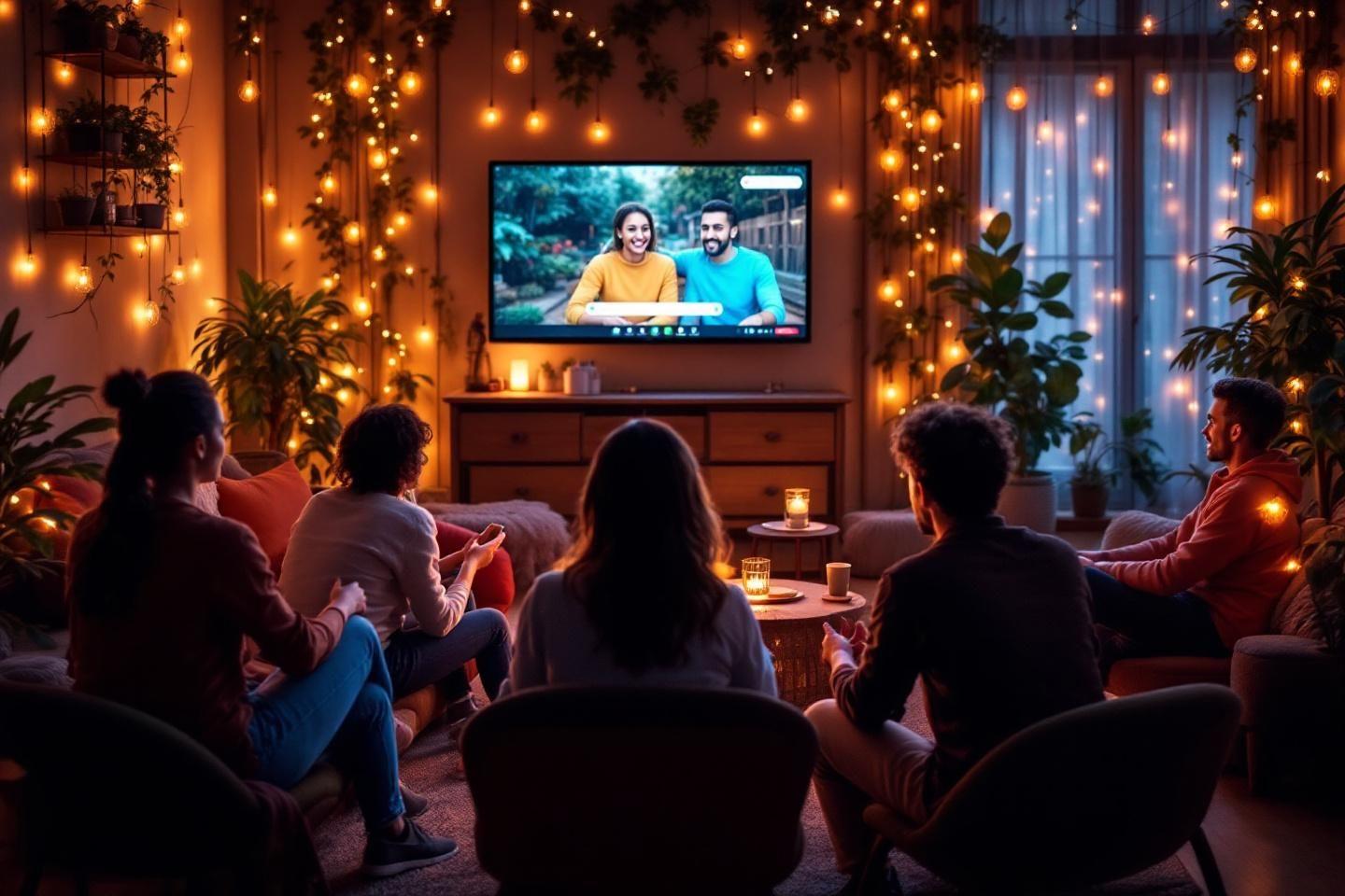 Groupe regardant un film à la télévision dans un salon chaleureux