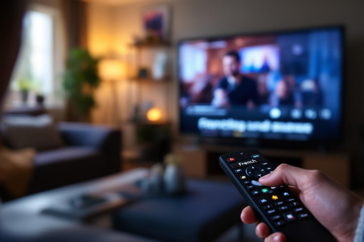 Main tenant une télécommande devant un écran allumé