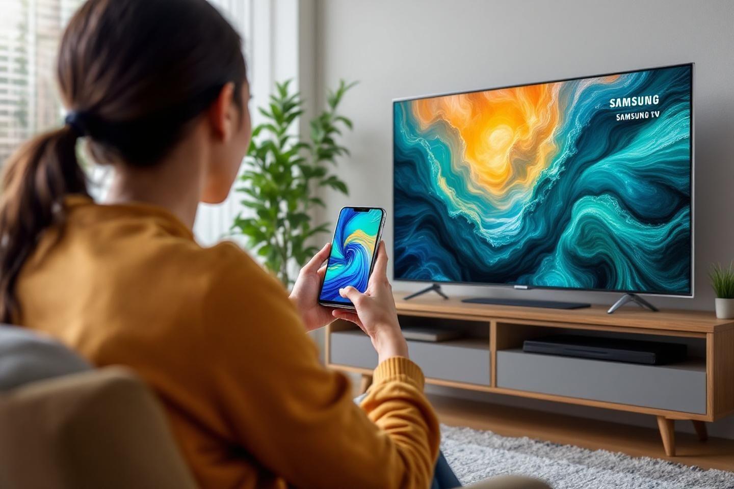 Personne utilisant un smartphone pour diffuser du contenu sur téléviseur