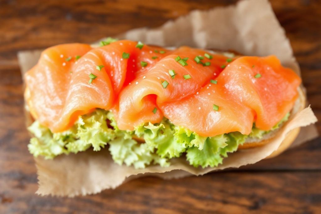 Tartine garnie de saumon fumé et salade verte