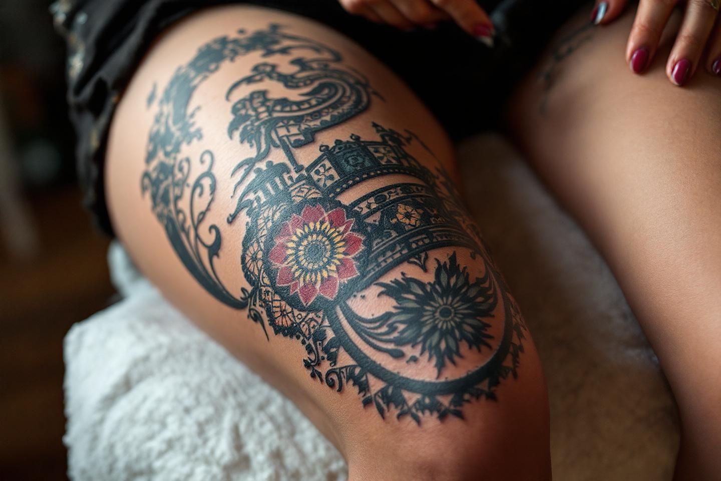 Tatouage complexe de fleurs et motifs sur une cuisse