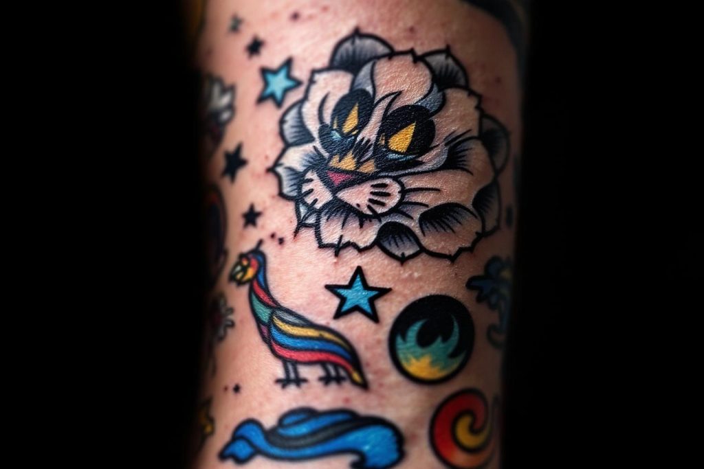Tatouage coloré avec fleur, étoiles et oiseaux sur peau