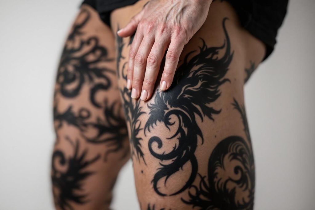 Gros plan d'un tatouage tribal sombre et complexe