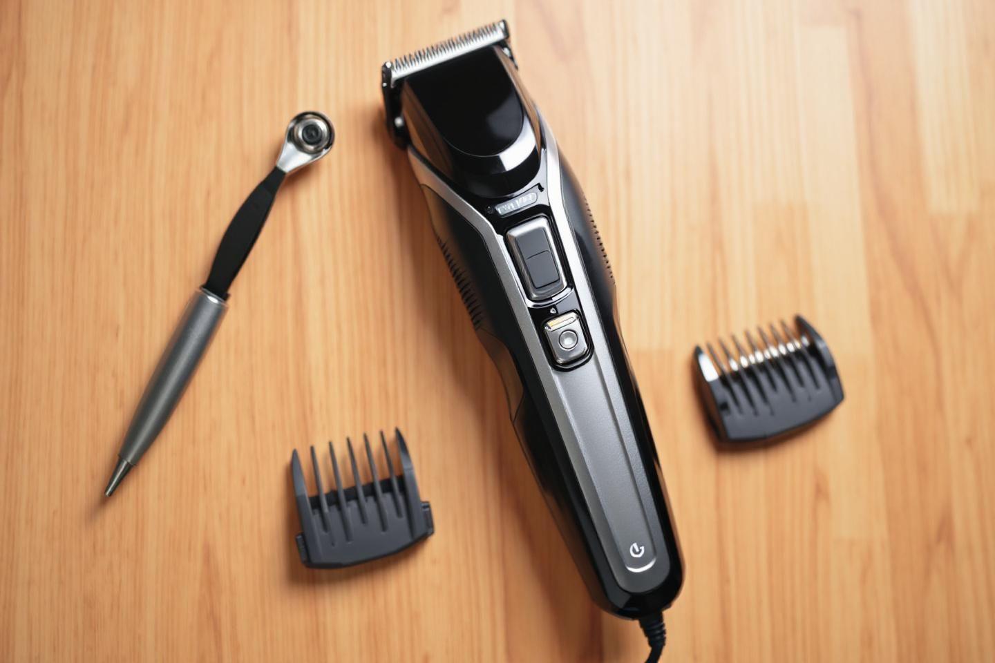 Tondeuse électrique noire et argentée avec deux peignes