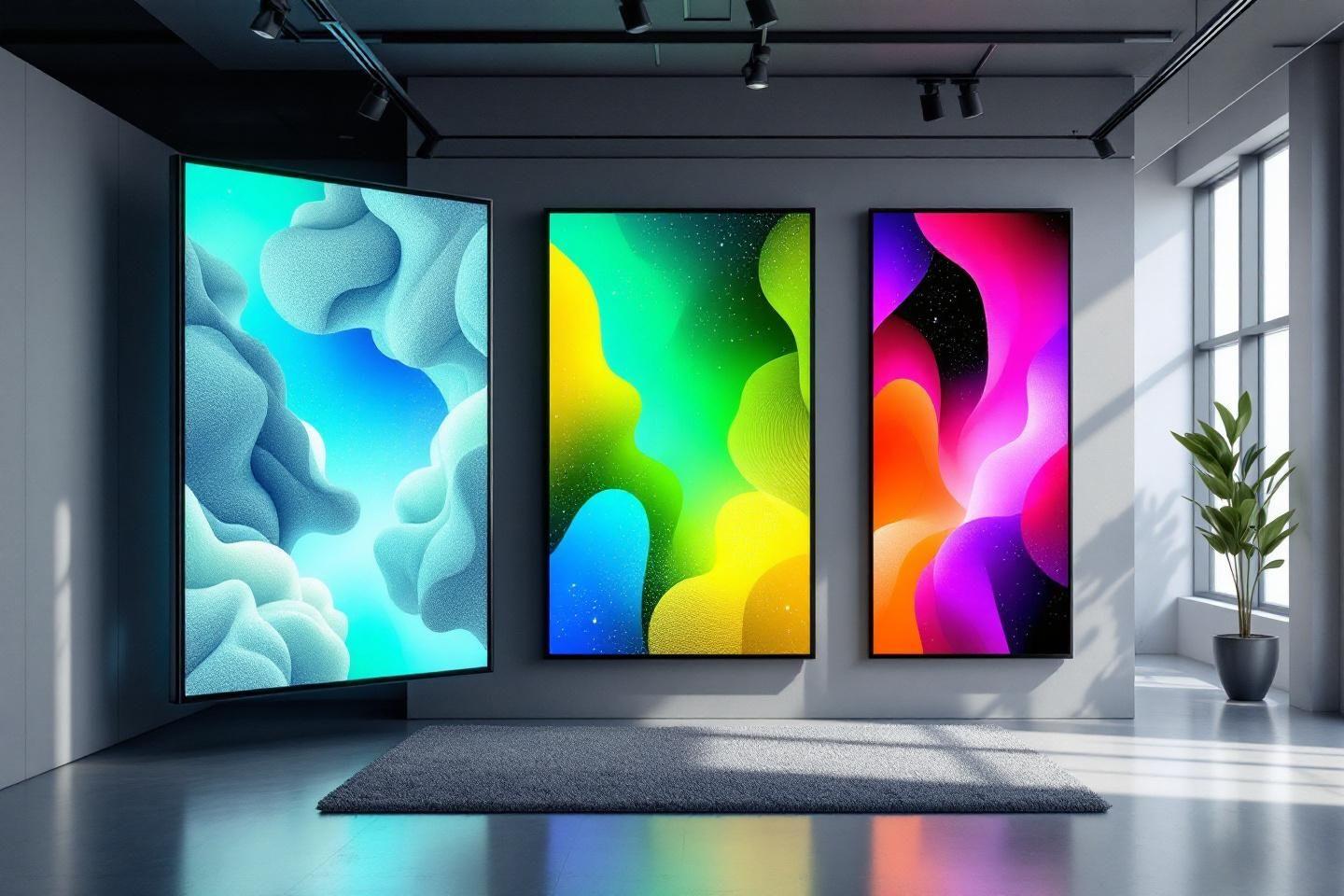 Trois tableaux numériques colorés dans un espace moderne