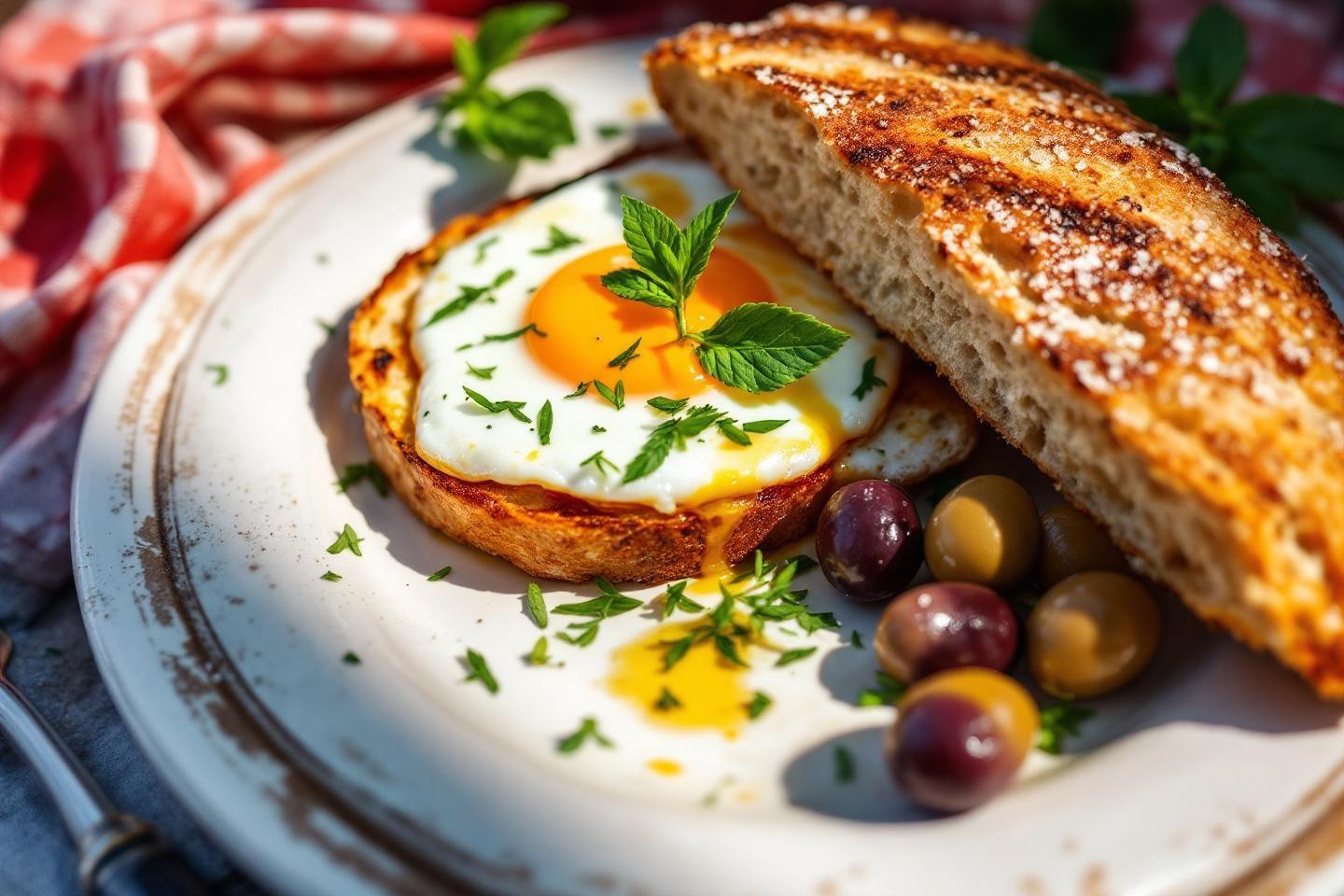 Petit-déjeuner avec œuf poché, pain grillé et olives colorées
