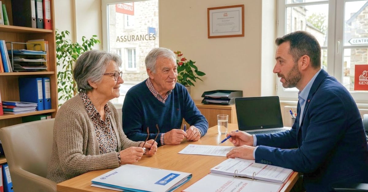 Un couple âgé est assis en face d&rsquo;un homme professionnel qui discute de documents dans un bureau avec des panneaux d&rsquo;assurance visibles à l&rsquo;arrière-plan.