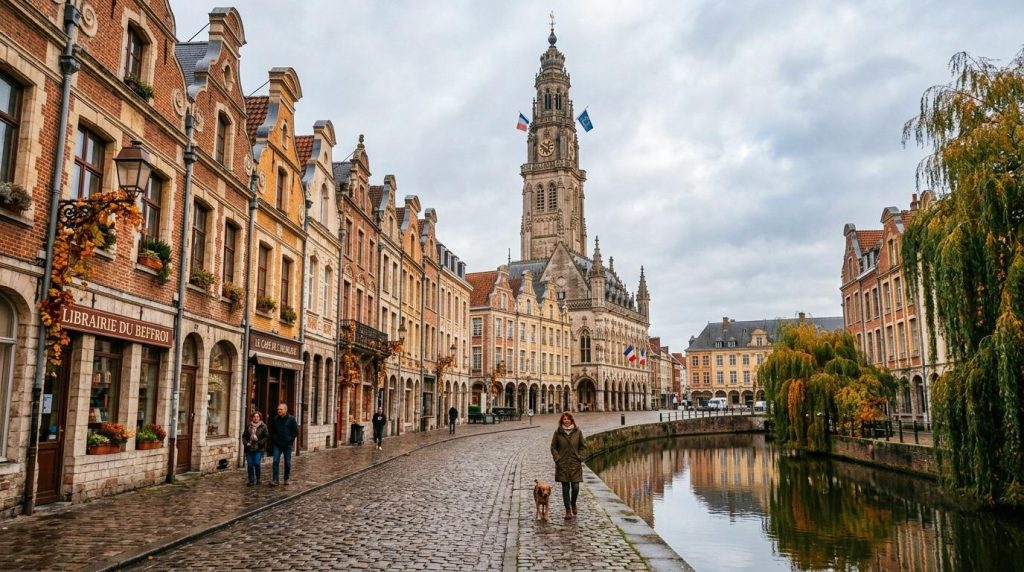 Place pavée d'Arras avec beffroi gothique et canal
