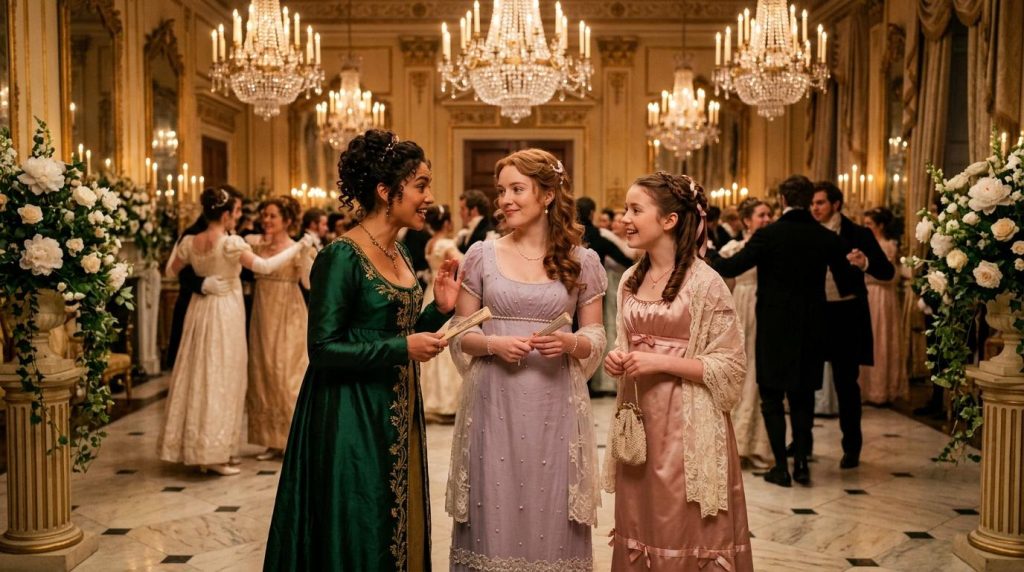 Trois jeunes femmes en robes élégantes conversent dans un palais illuminé