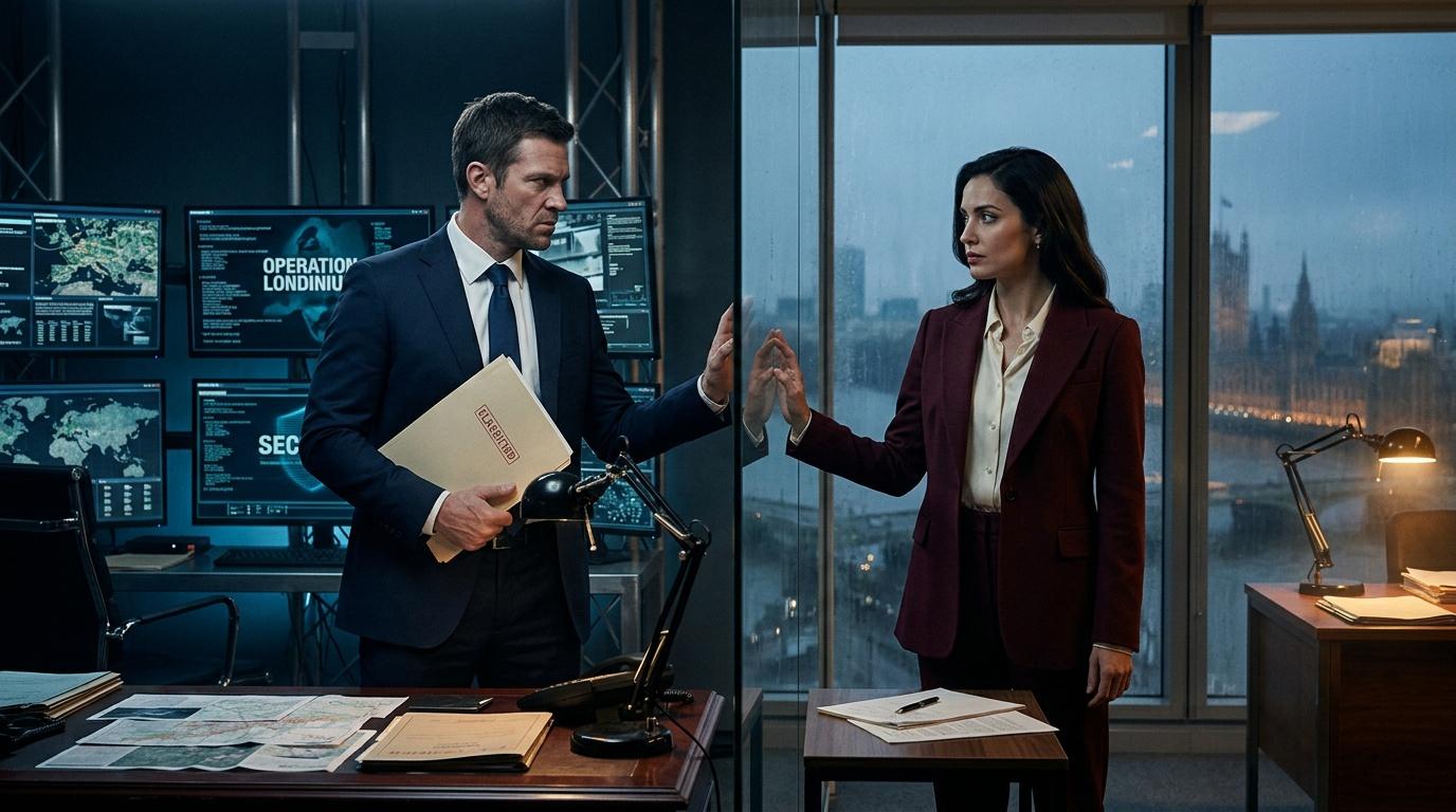 Deux professionnels discutent dans un bureau high-tech avec vue Londres