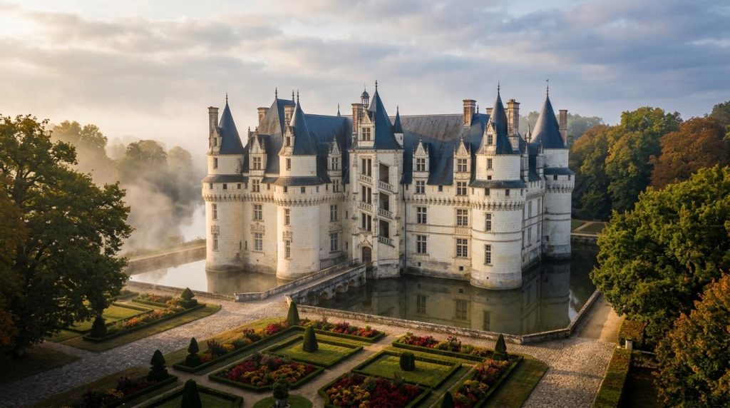 Magnifique château blanc avec tours pointues entouré d'eau
