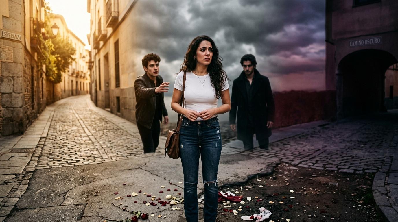Femme seule face à trois hommes dans une ruelle pavée