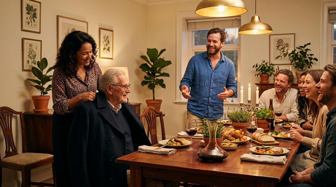 Famille réunie autour d'une table de dîner festive