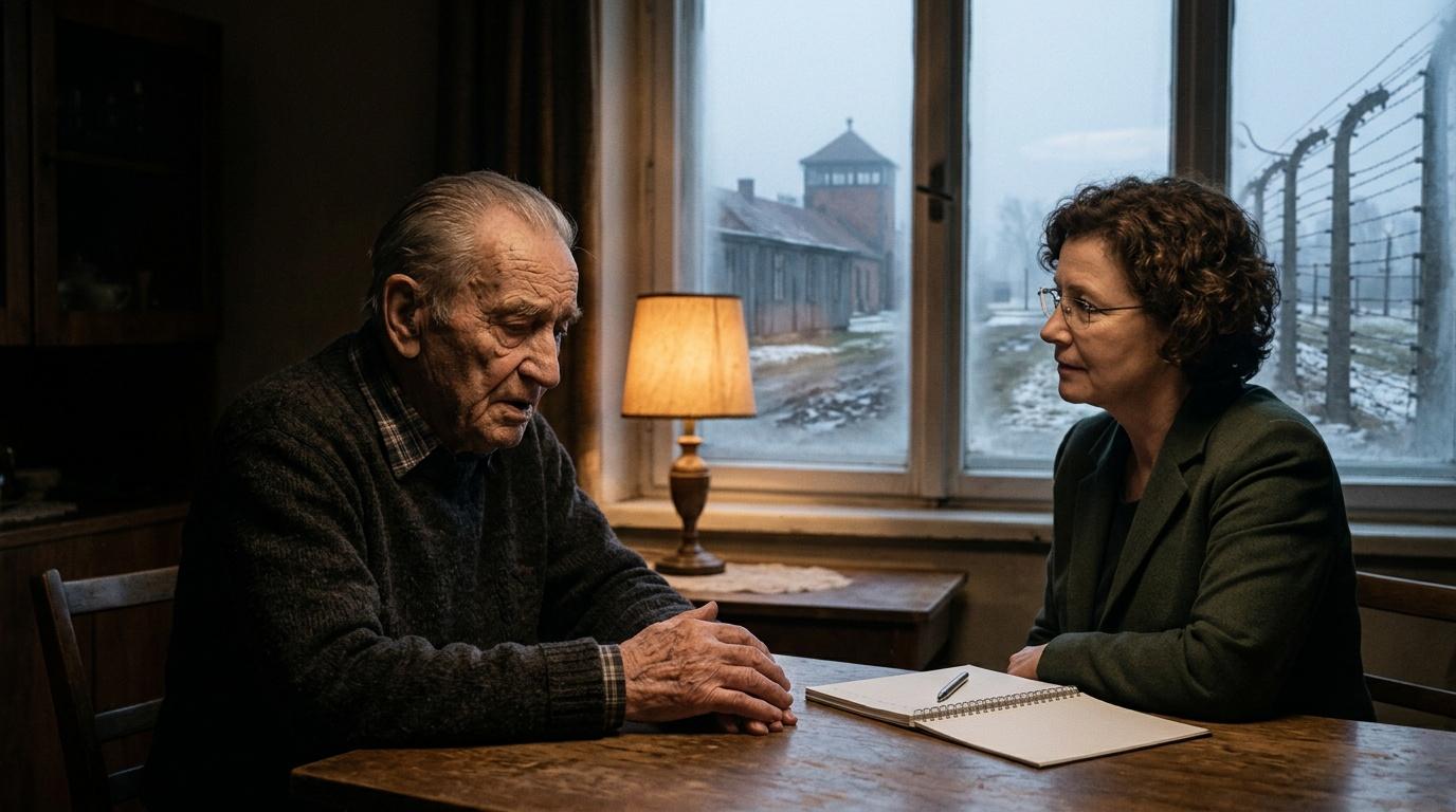 Homme âgé et femme en conversation sérieuse près d'une fenêtre