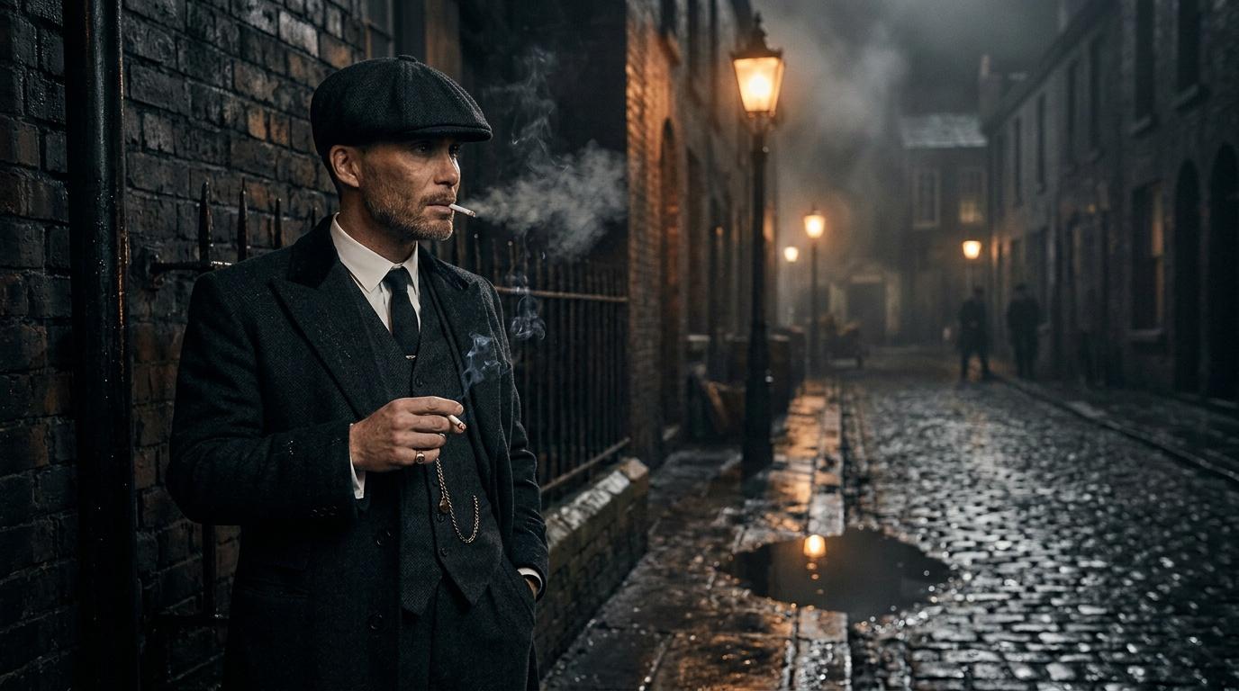Homme en costume noir fumant cigare rue pavée brumeux