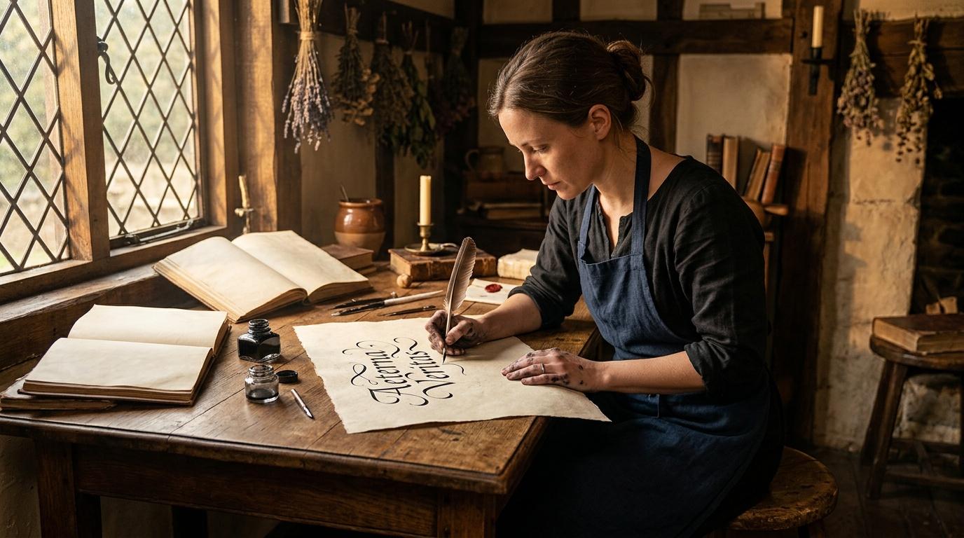 Femme écrivant à la plume dans un atelier ancien et rustique.