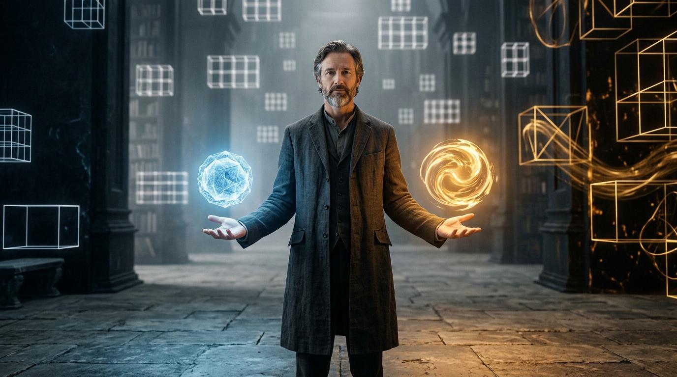 Homme tenant deux sphères énergétiques bleue et dorée