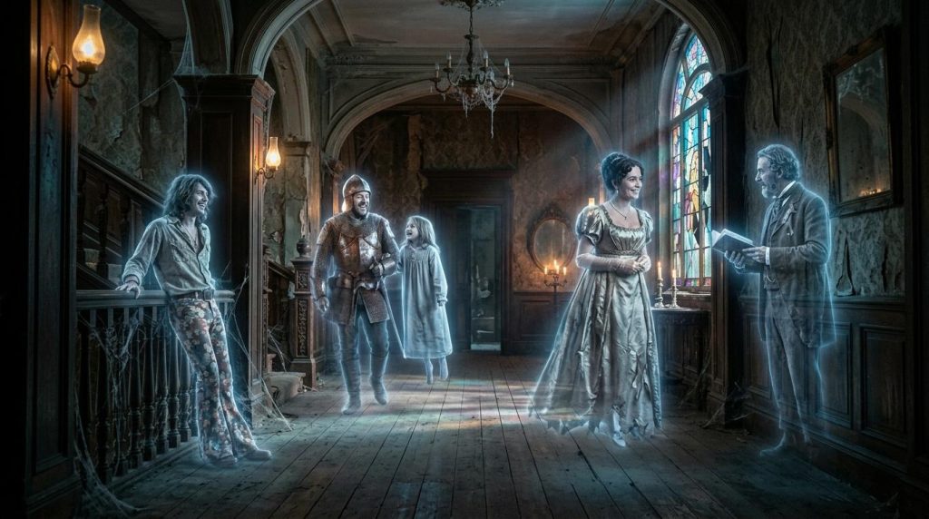 Apparitions spectrales de personnages historiques dans un couloir gothique.
