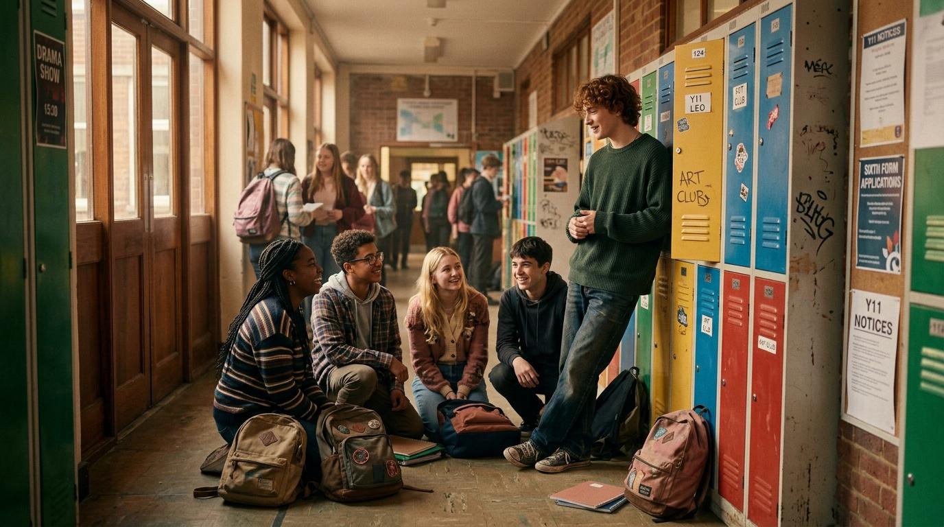 Groupe d'étudiants discutant assis dans un couloir d'école