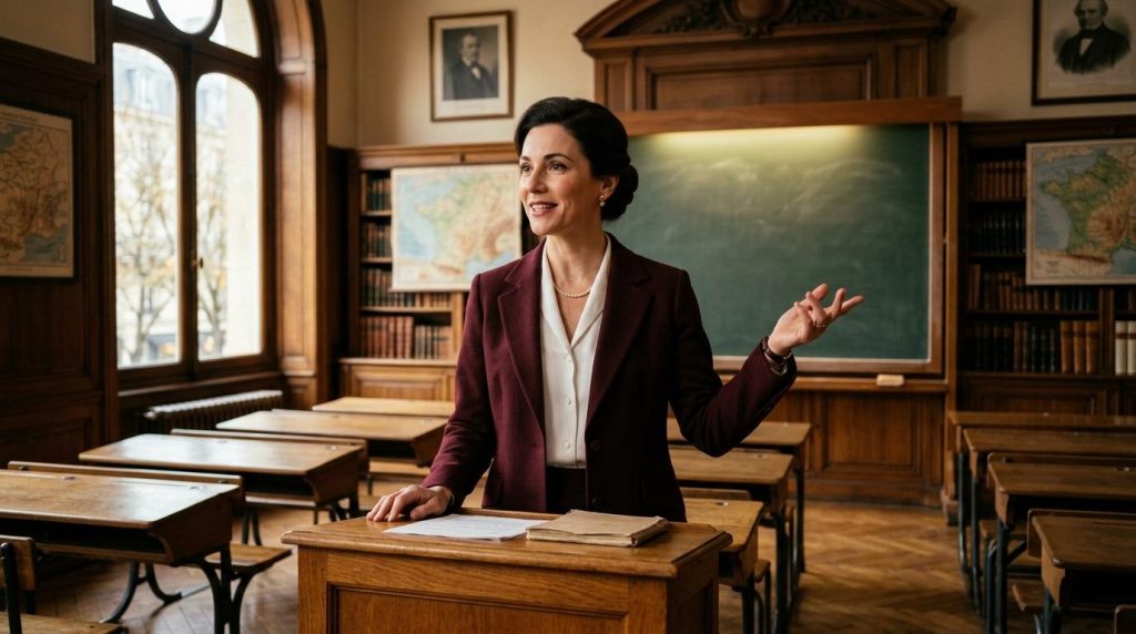 Femme enseignante en blazer bordeaux donnant un cours dans une salle vintage
