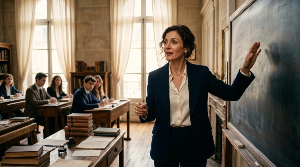 Femme professeure donnant cours devant des étudiants assis