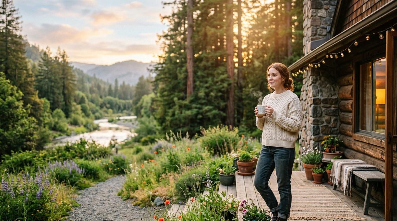 Femme avec café devant maison en montagne forestière