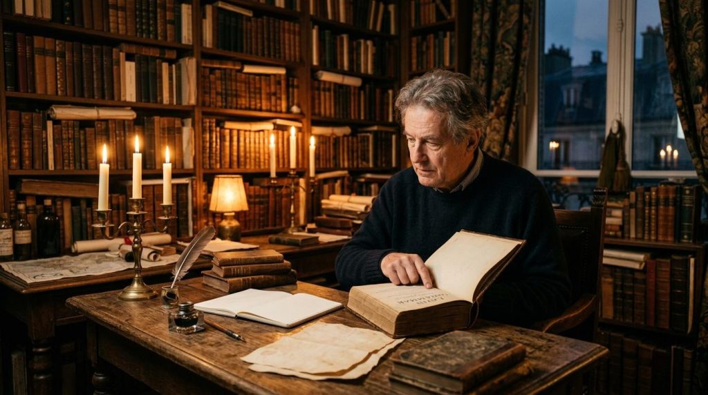 Homme âgé lisant un livre ancien dans une bibliothèque classique
