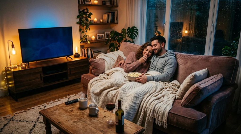 Couple regardant la télévision sur un canapé confortable et douillet