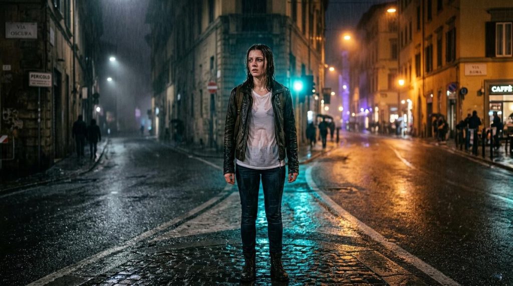 Femme seule dans rue italienne illuminée la nuit