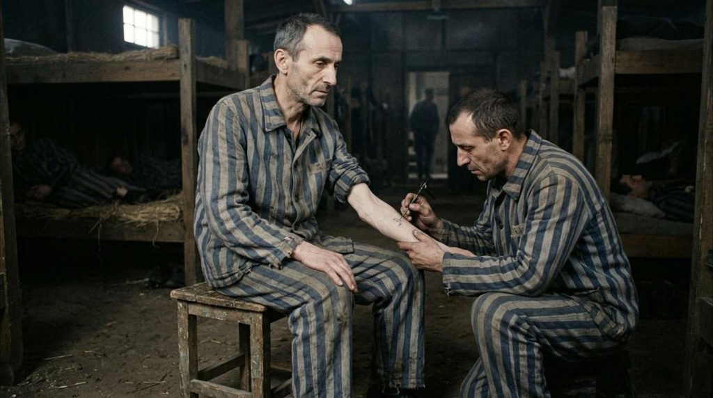 Deux prisonniers en uniforme rayé, l'un se fait tatouer le bras