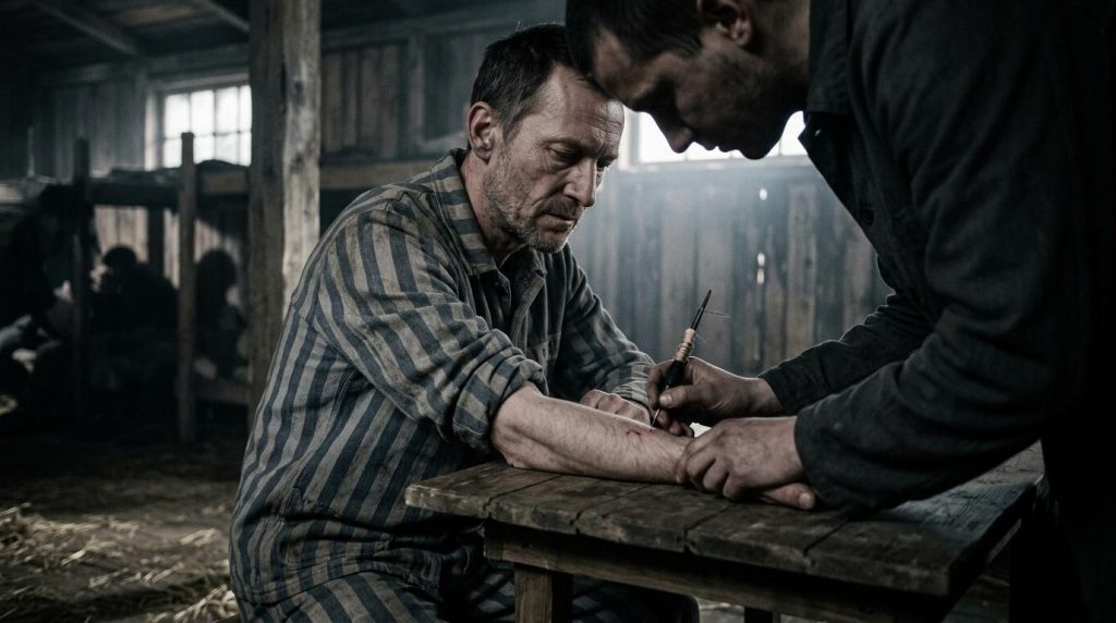 Prisonnier recevant un numéro tatoué sur le bras