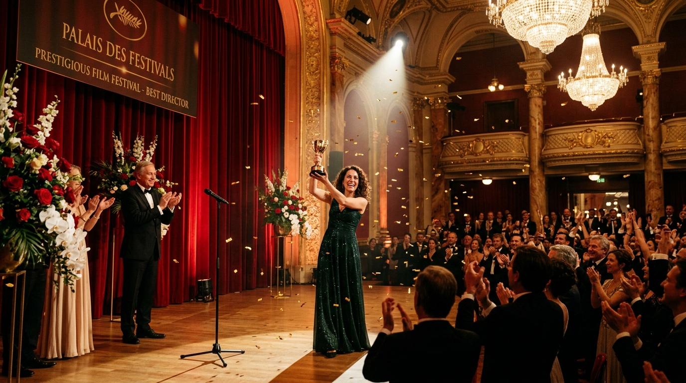 Femme en robe verte recevant un prix dans une salle prestigieuse