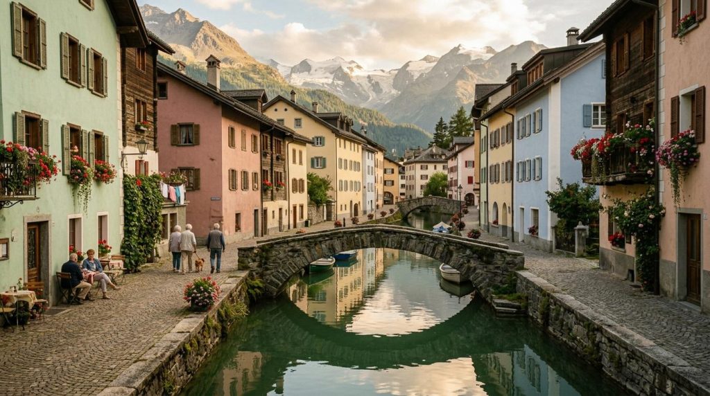 Village montagnard avec canal, maisons colorées et montagnes enneigées