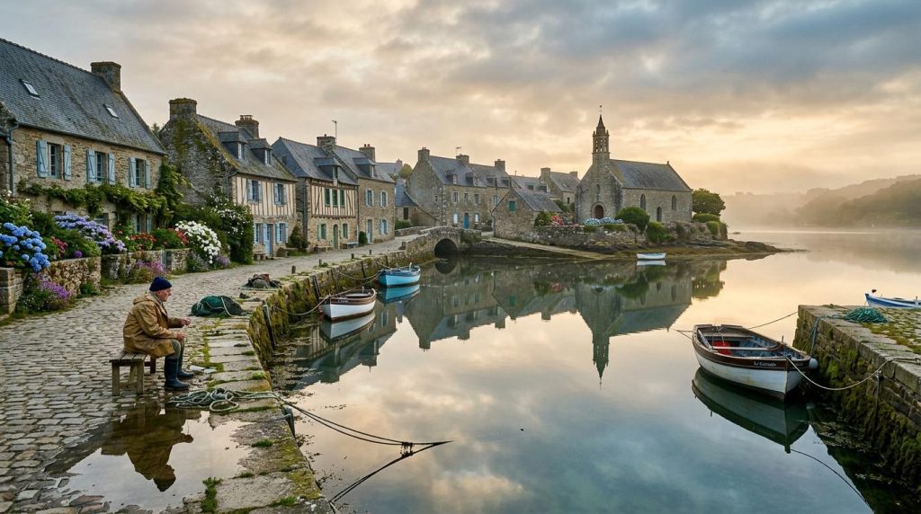 Pêcheur dans un petit port breton avec maisons et église