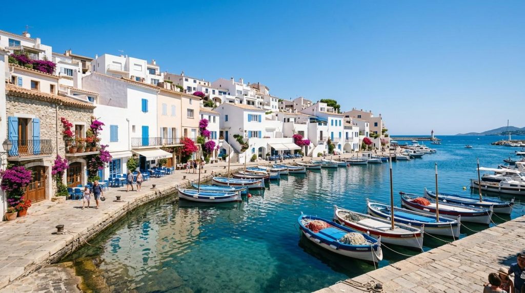Port pittoresque avec bateaux, maisons blanches et fleurs magenta