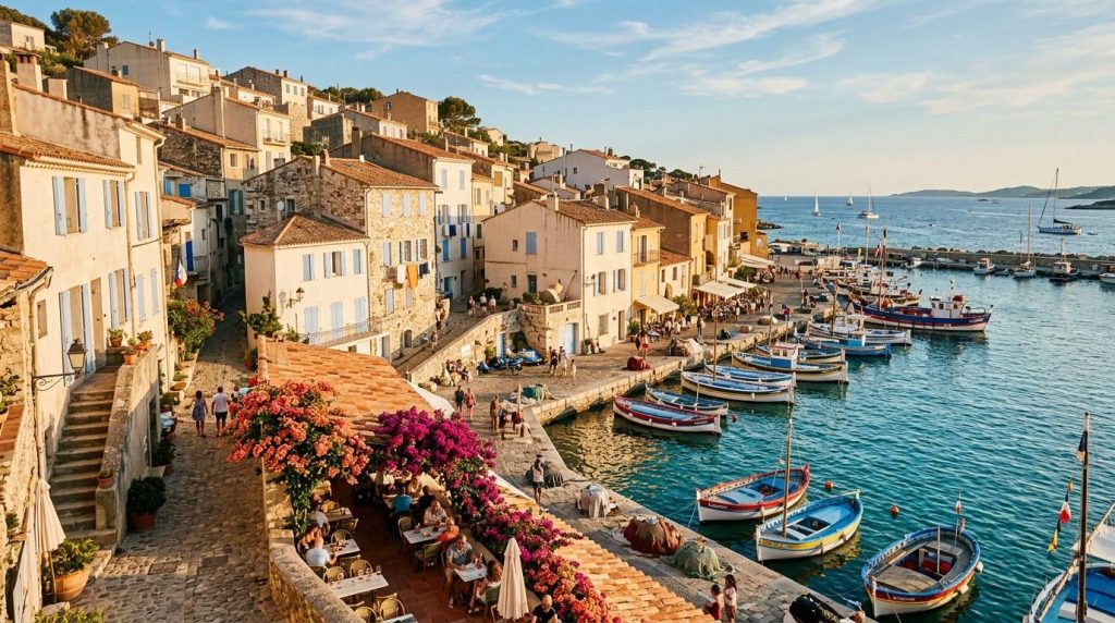 Port de pêche méditerranéen avec bateaux colorés et maisons ochre