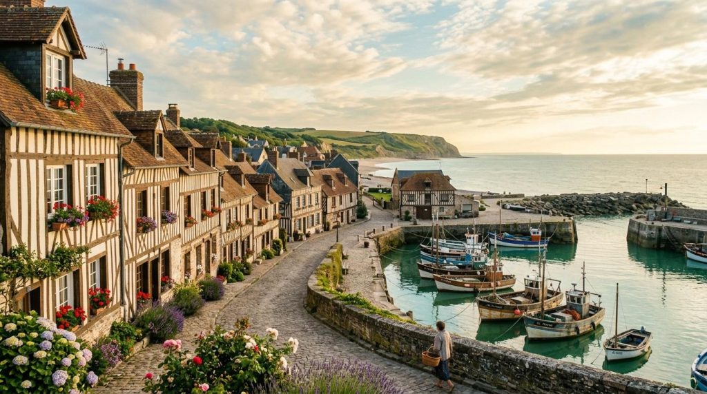 Maisons à colombages anciennes surplombant un port avec bateaux de pêche
