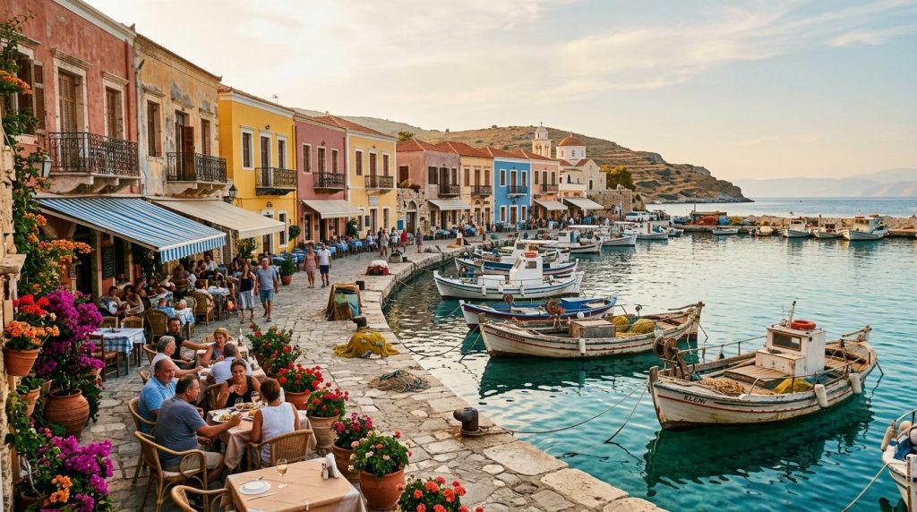 Port pittoresque avec maisons colorées, terrasses et bateaux de pêche