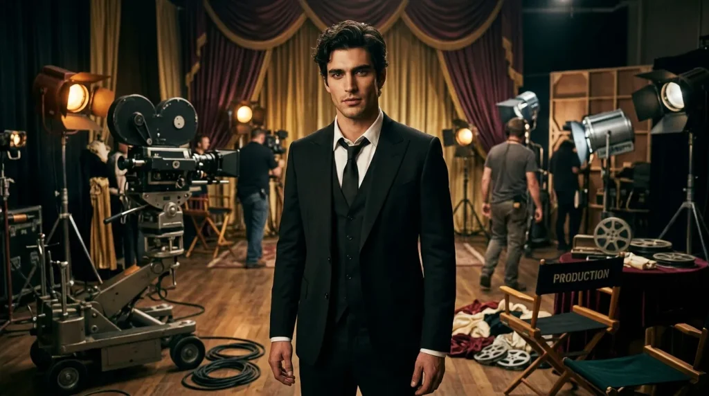 Homme en costume noir sur plateau de tournage cinématographique professionnel