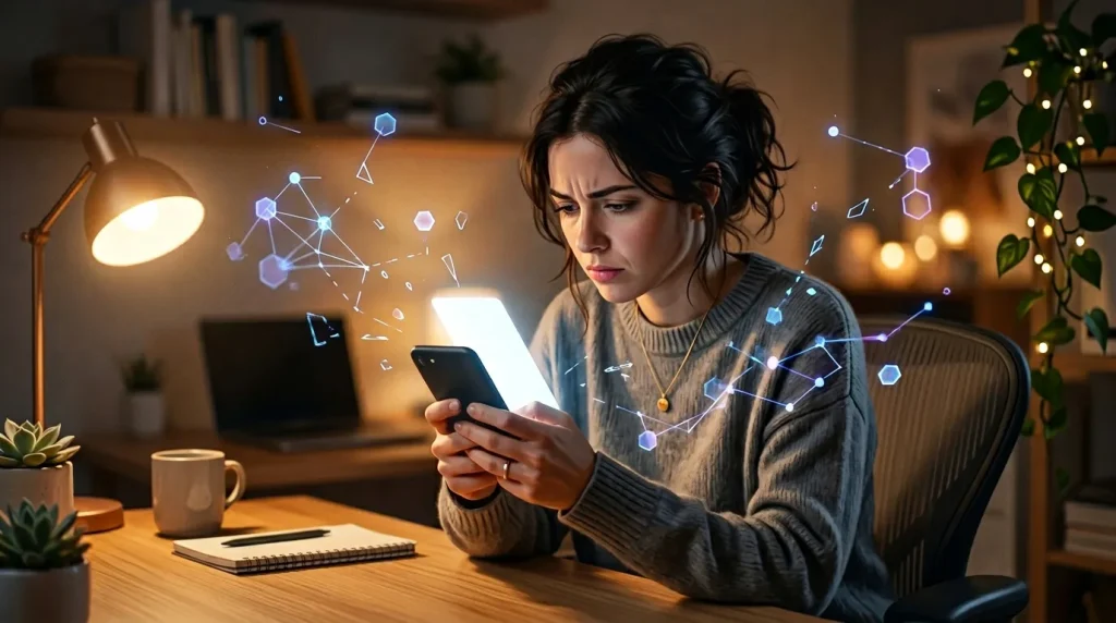 Femme utilisant smartphone avec visualisation de données numériques
