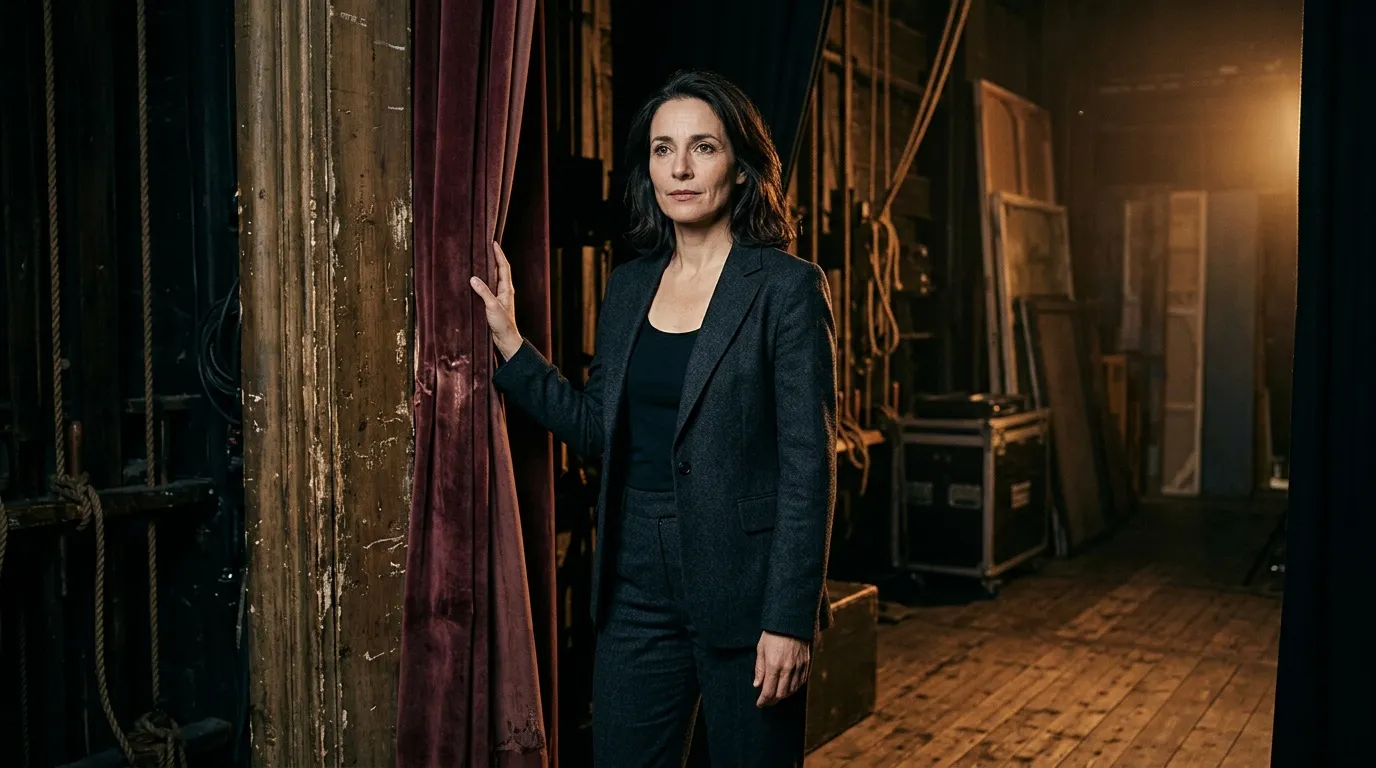 Femme en blazer noir dans un couloir de théâtre