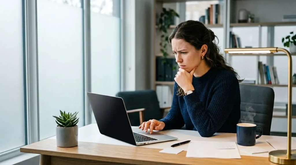 Femme concentrée travaillant à son bureau avec laptop