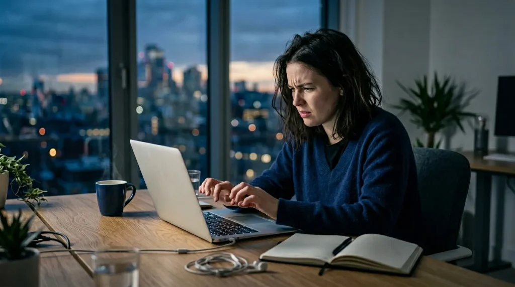 Femme concentrée travaillant sur laptop face à skyline urbain