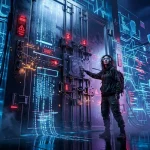 Hacker en noir manipule interface holographique numérique brillante