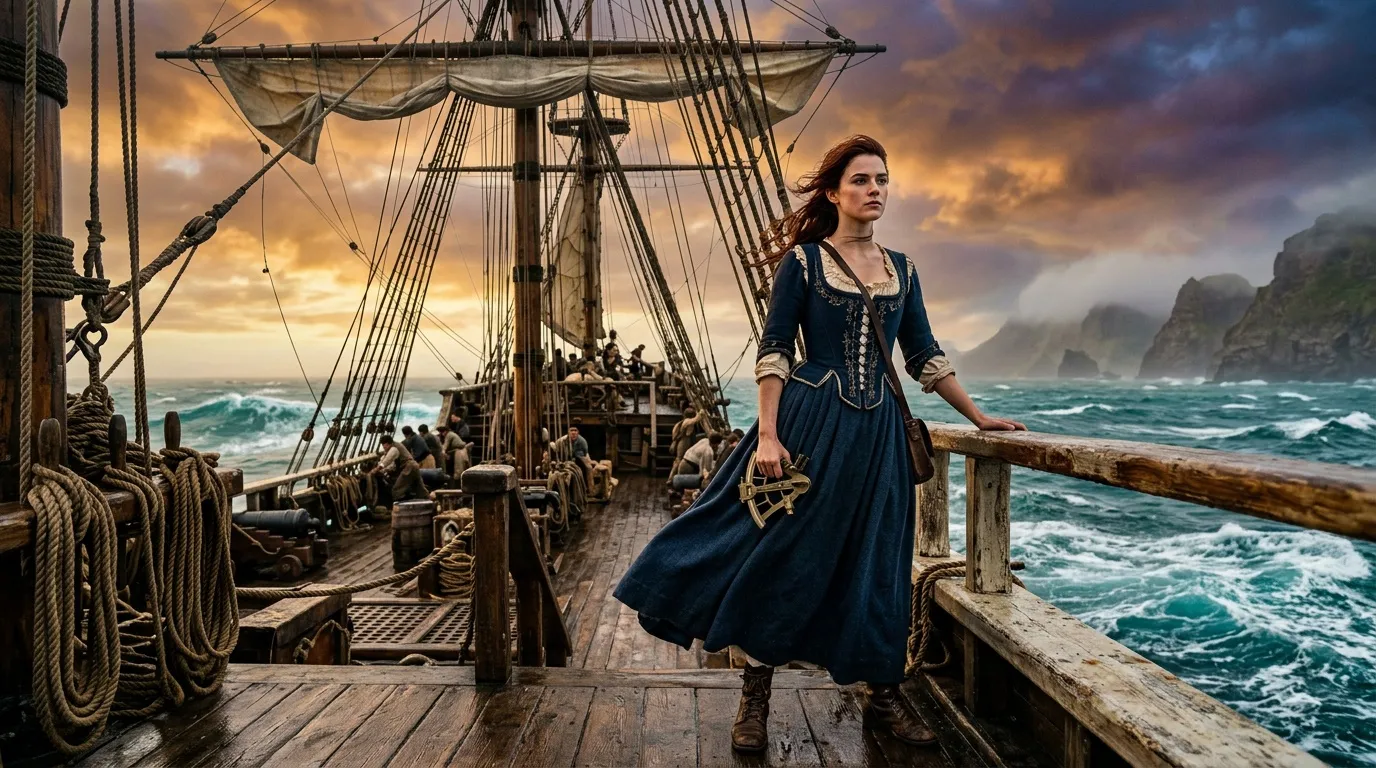 Femme en robe bleue sur navire voilier historique côtier