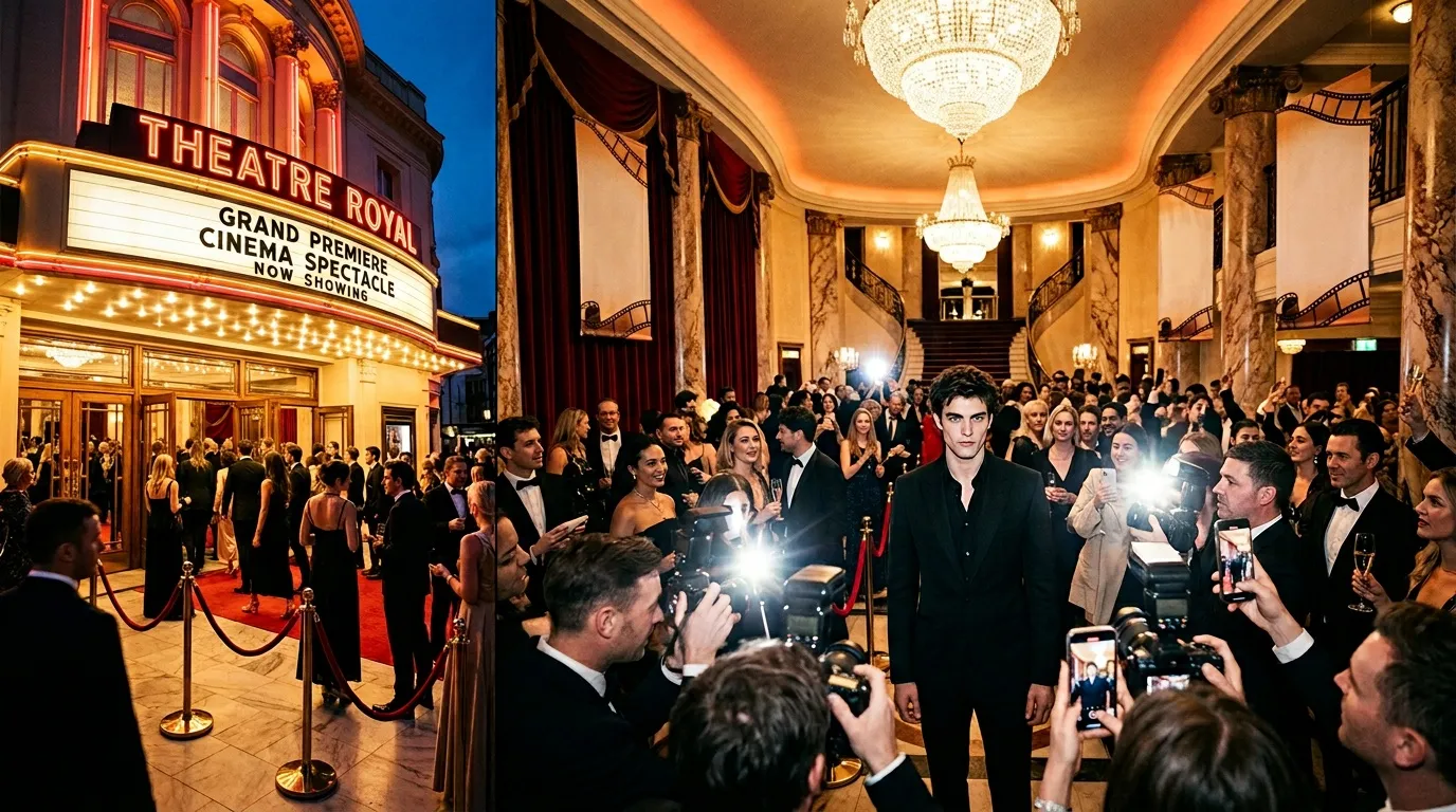 Foule élégante à la première cinéma au Theatre Royal