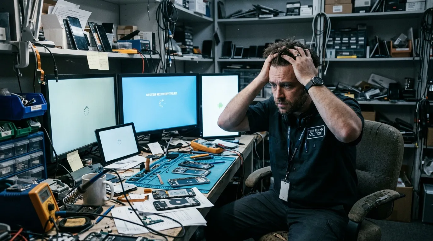 Réparateur stressé devant écrans défaillants en atelier électronique