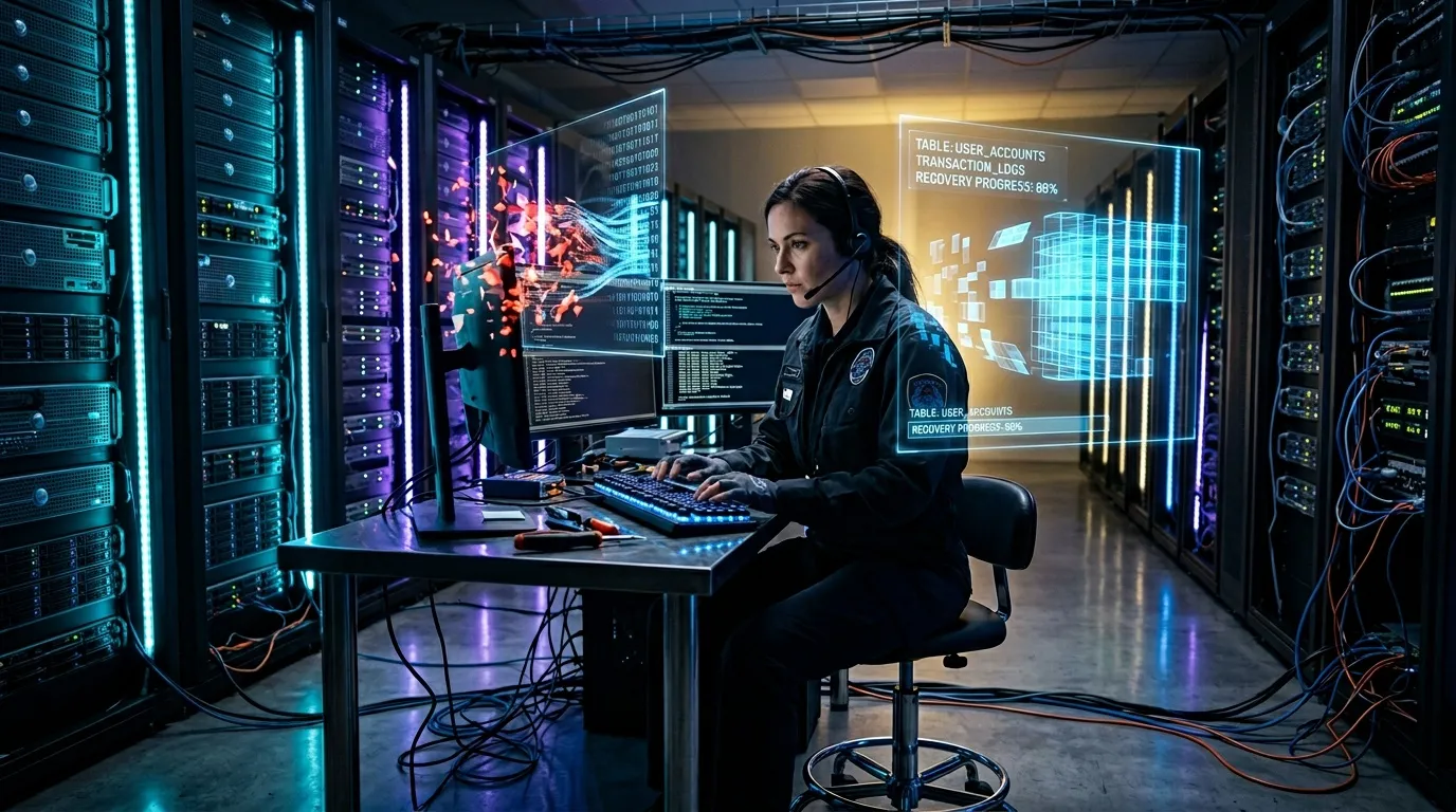 Femme travaillant dans un serveur informatique moderne et high-tech