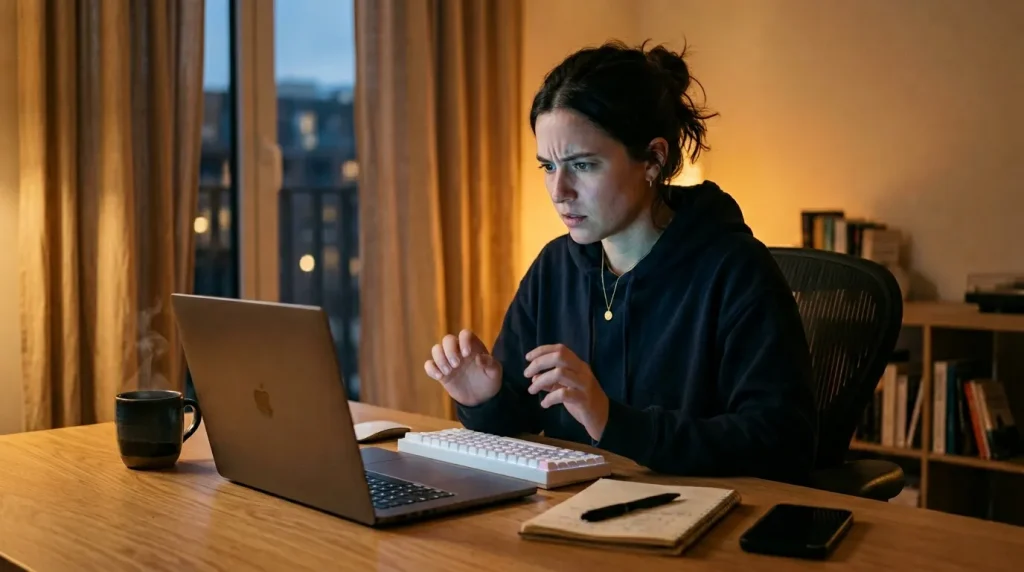 Femme travaillant sur laptop le soir à son bureau