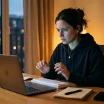 Femme travaillant sur laptop le soir à son bureau
